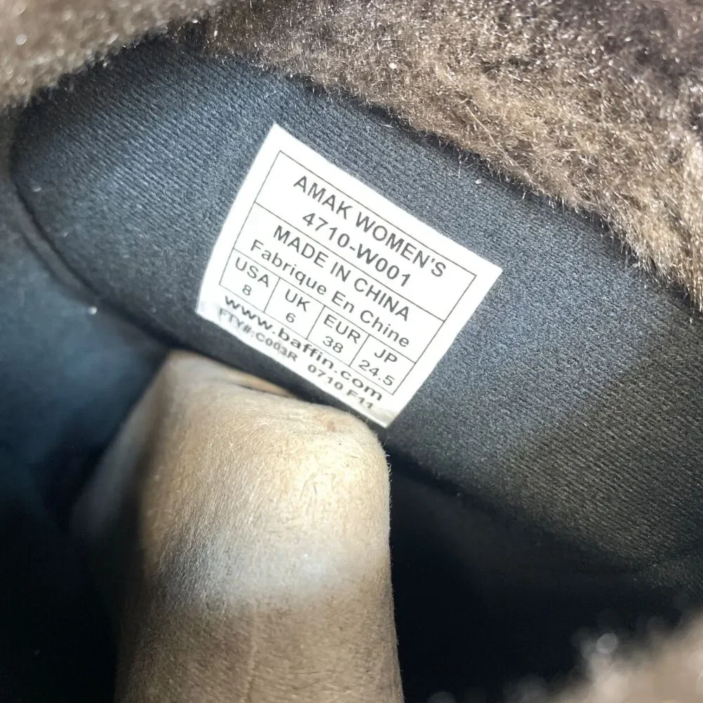 Baffin AMAK 4710-W001 Brown Suede Leather Faux‎ Fur Mid Calf Snow Boots Size 8